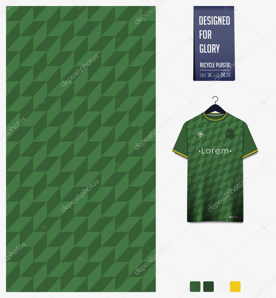 Fabric pattern design. Geometry pattern on green background for soccer jersey, football kit, bicycle, e-sport, basketball, sports uniform, t-shirt mockup template. Abstract sport background. Vector Illustration.