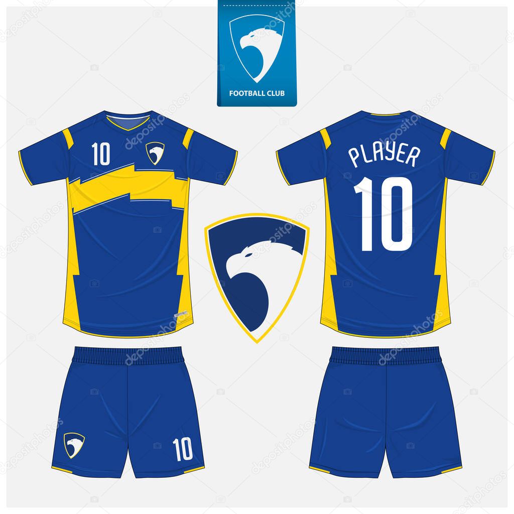 Soccer jersey or football kit mockup template design for sport club. Football t-shirt sport, shorts mockup. Soccer uniform in front view, back view. Eagle logo in flat design. Vector Illustration.