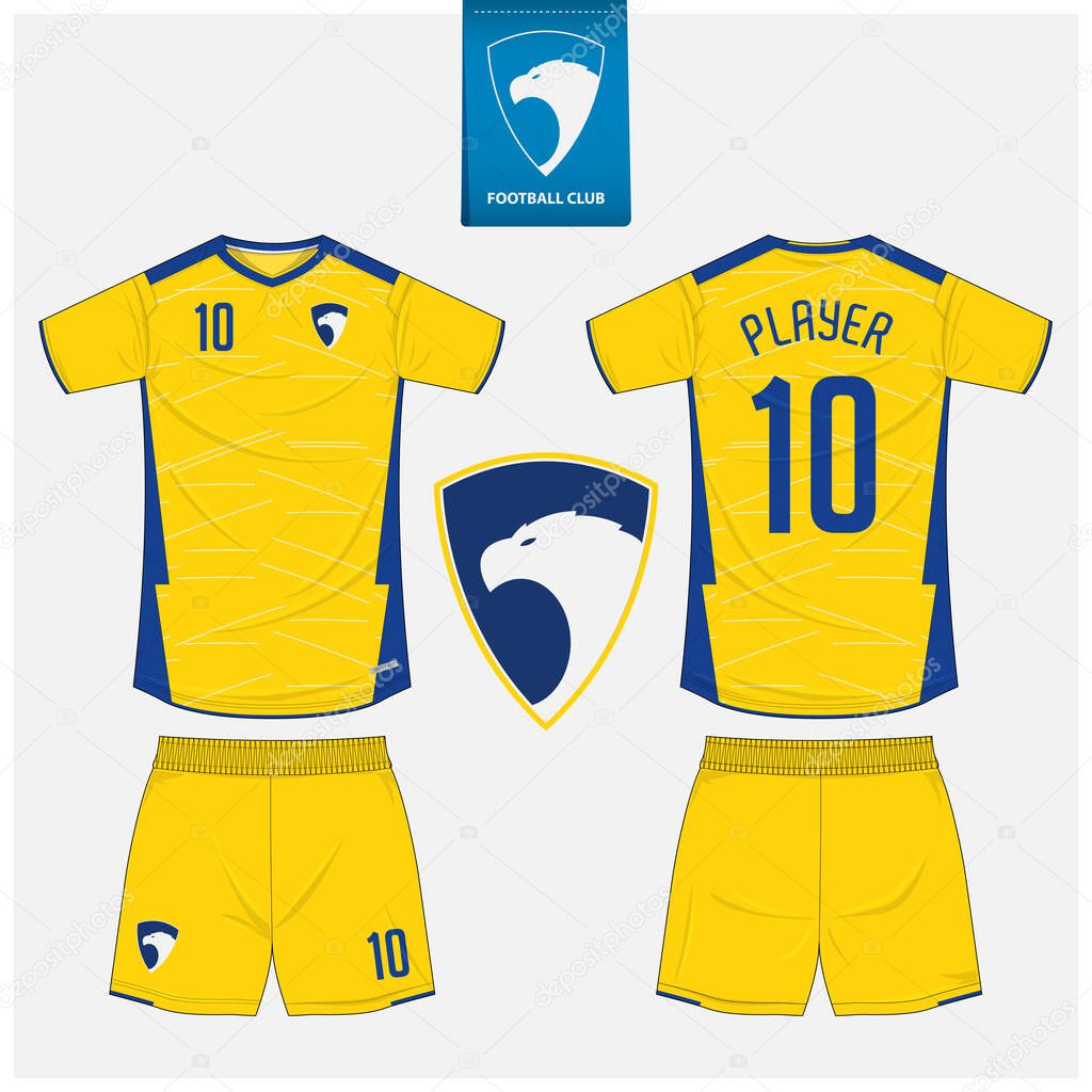 Soccer jersey or football kit mockup template design for sport club. Football t-shirt sport, shorts mockup. Soccer uniform in front view, back view. Eagle logo in flat design. Vector Illustration.