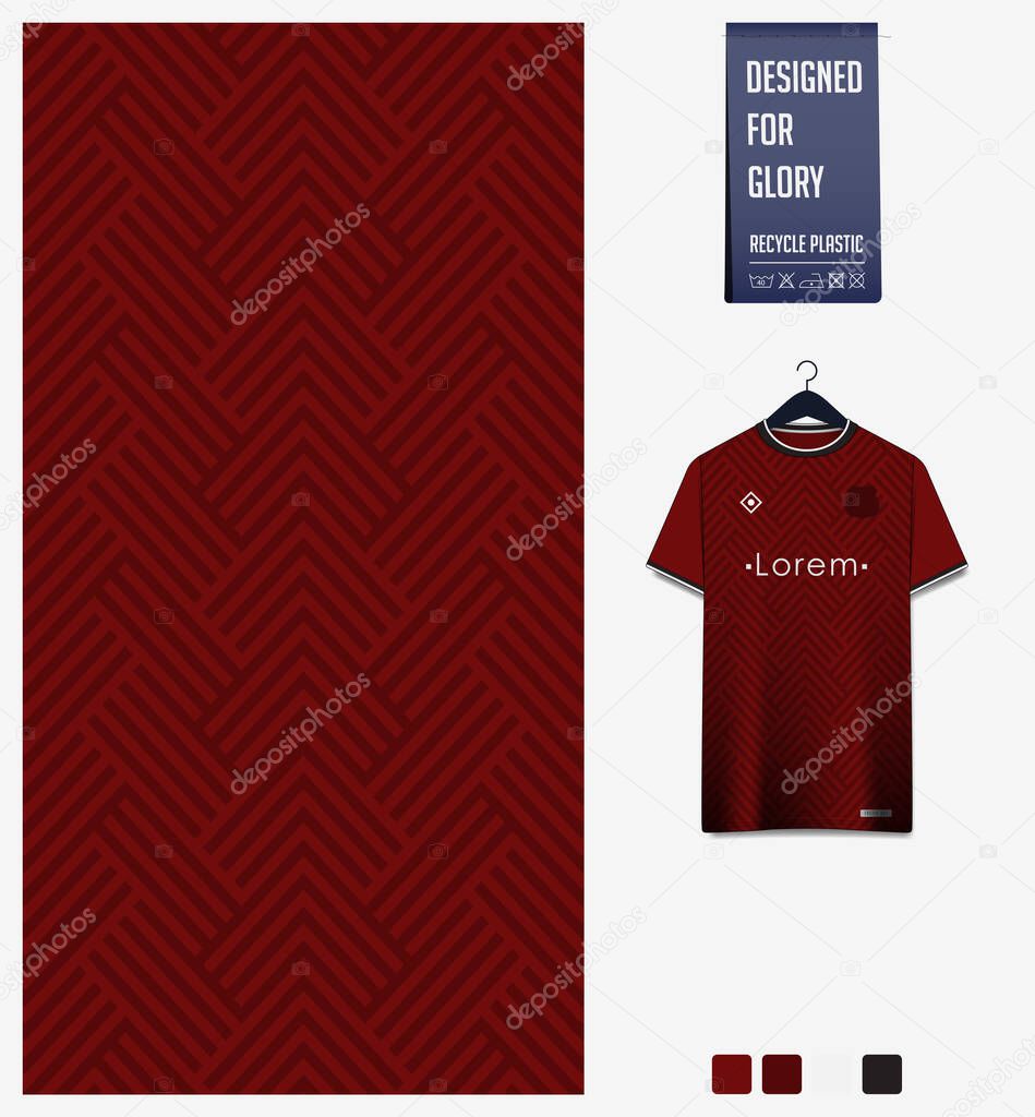 Fabric pattern design. Geometry pattern on red background for soccer jersey, football kit, bicycle, e-sport, basketball, sports uniform, t-shirt mockup template. Abstract sport background. Vector Illustration.