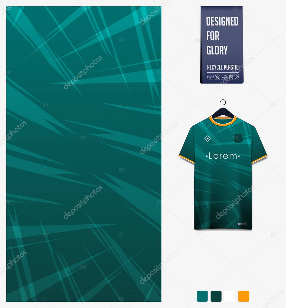 Fabric pattern design. Thunder pattern on green background for soccer jersey, football kit, bicycle, e-sport, basketball, sports uniform, t-shirt mockup template. Abstract sport background. Vector Illustration.