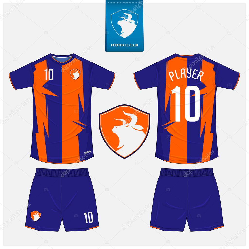 Soccer jersey or football kit mockup template design for sport club. Football t-shirt sport, shorts mockup. Soccer uniform in front view, back view. Bull logo in flat design. Vector Illustration.