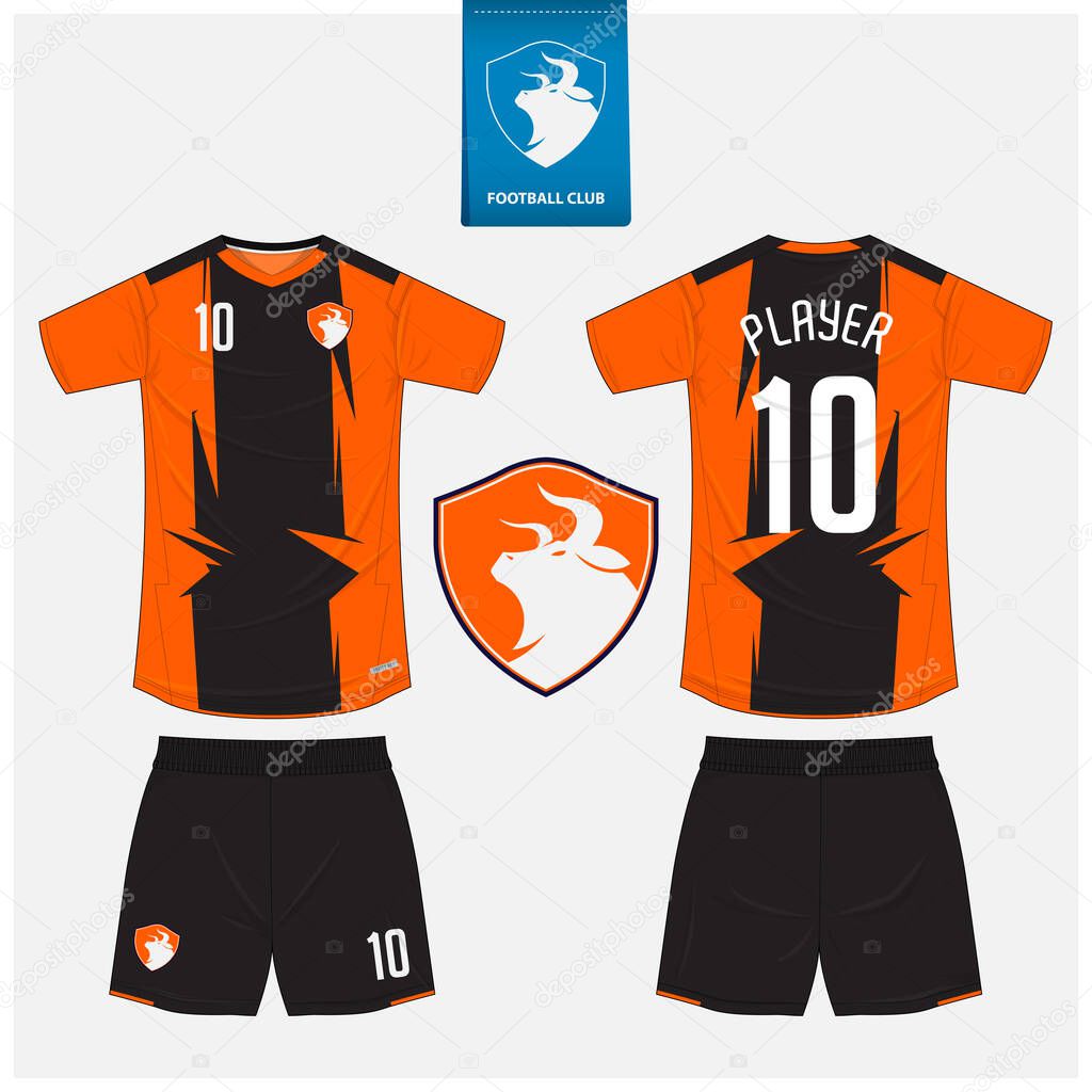 Soccer jersey or football kit mockup template design for sport club. Football t-shirt sport, shorts mockup. Soccer uniform in front view, back view. Bull logo in flat design. Vector Illustration.
