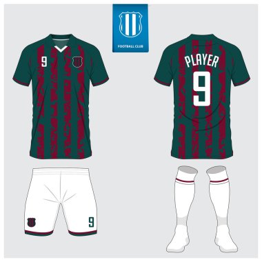 Futbol forması ya da futbol kulübü için futbol takımı tasarımı. Futbol tişörtü, kısa, çorap şablonu. Futbol forması ön tarafta, arka planda. Düz dizaynlı futbol logosu. Vektör İllüstrasyonu. 