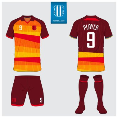 Futbol forması ya da futbol kulübü için futbol takımı tasarımı. Futbol tişörtü, kısa, çorap şablonu. Futbol forması ön tarafta, arka planda. Düz dizaynlı futbol logosu. Vektör İllüstrasyonu. 