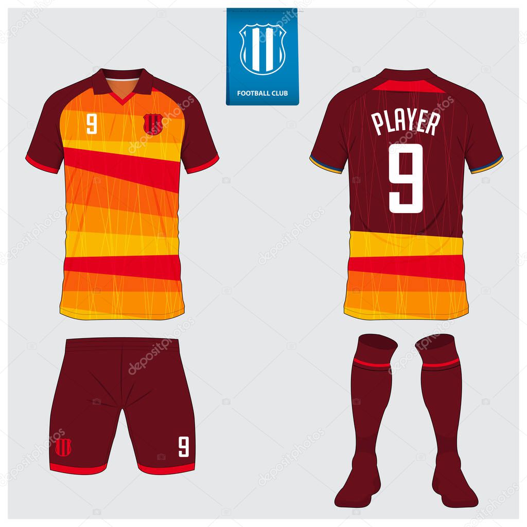 Soccer jersey or football kit mockup design for football club. Football shirt, short, sock template. Soccer uniform in front view, back view. Football logo in flat design. Vector Illustration.
