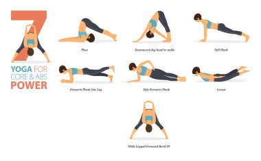 Infographic 7 Yoga, düz tasarımda çekirdek ve kol kavramında evde egzersiz için poz veriyor. Kadınlar vücut esneme egzersizi yapıyor. Fitness bilgisi için yoga duruşu ya da asana. Düz Çizgi film Vektör İllüstrasyonu.