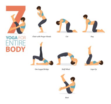 Infographic 7 Yoga düz tasarım konseptiyle evde egzersiz için poz veriyor. Kadınlar vücut esneme egzersizi yapıyor. Fitness bilgisi için yoga duruşu ya da asana. Düz Çizgi film Vektör İllüstrasyonu.