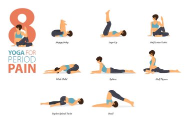 Infographic 8 Yoga, düz dizaynda Adet Ağrısı kavramında evde egzersiz için poz veriyor. Kadınlar vücut esneme egzersizi yapıyor. Fitness bilgisi için yoga duruşu ya da asana. Düz Çizgi film Vektör İllüstrasyonu.