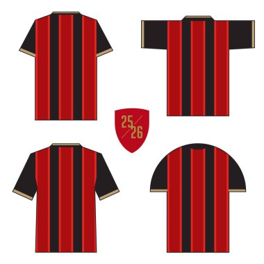 Futbol kulübü için siyah kollu 4 adet kırmızı tişört. Spor giyim, spor üniforma, futbol forması ya da futbol takımı modelleme şablonu tasarımı. Vektör İllüstrasyonu.