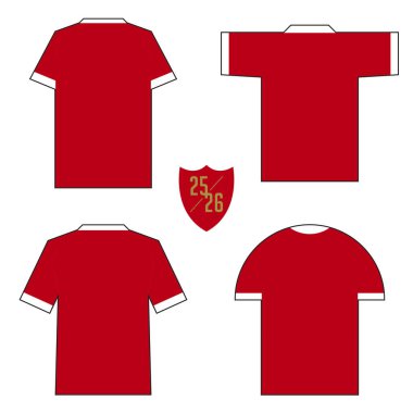 Futbol kulübü için kırmızı kollu 4 adet kırmızı tişört. Spor giyim, spor üniforma, futbol forması ya da futbol takımı modelleme şablonu tasarımı. Vektör İllüstrasyonu.