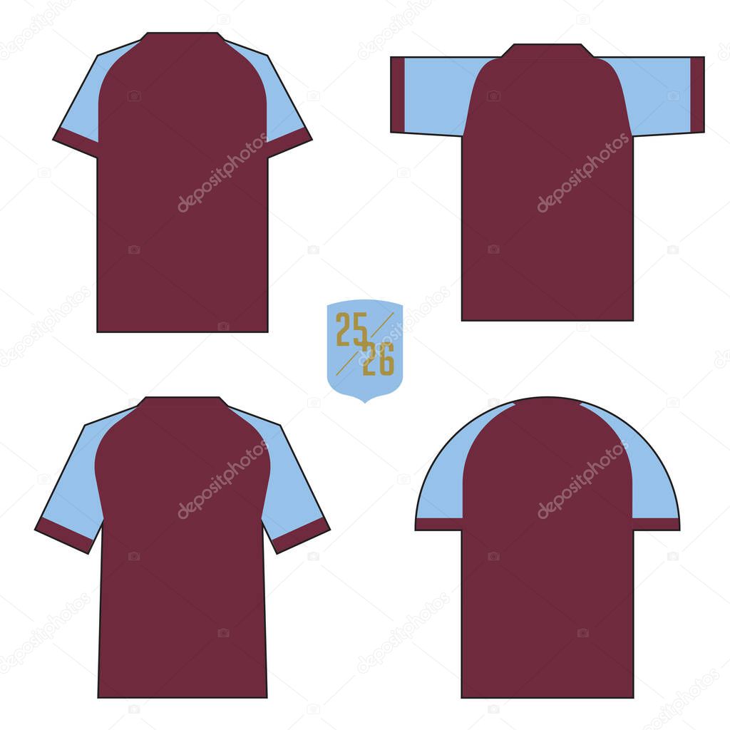 4 Back view of claret t-shirt with blue sleeves for football club. Sportswear, sport uniform, soccer jersey or football kit mockup template design in minimal style. Vector Illustration.