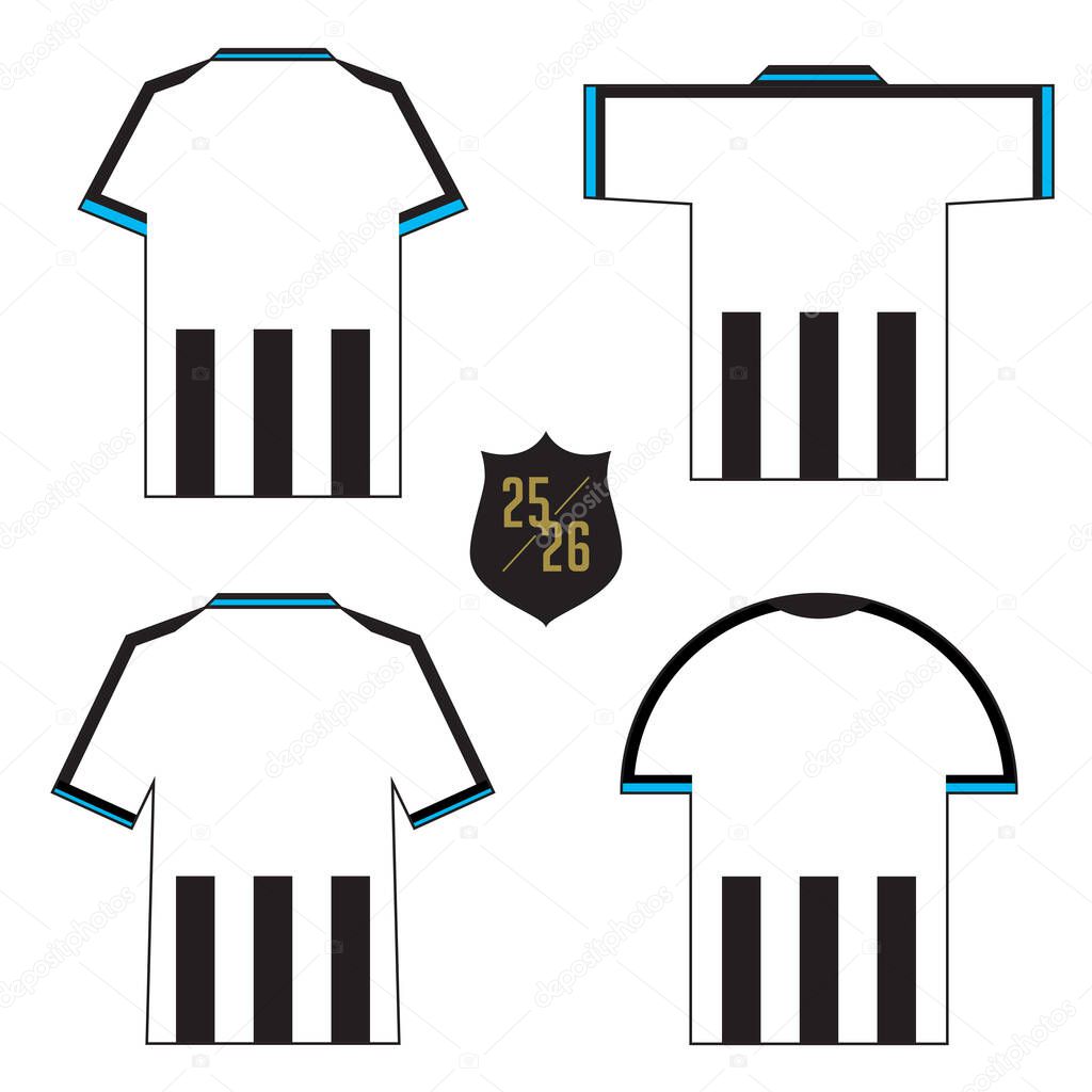 4 Back view of black and white t-shirt with white sleeves for football club. Sportswear, sport uniform, soccer jersey or football kit mockup template design in minimal style. Vector Illustration.