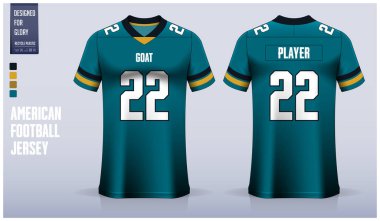 Yeşil ve altın renkli Amerikan futbol forması şablonu tasarımı. Ön manzara ve arka manzara futbol takımı tasarımı. Vektör İllüstrasyonu
