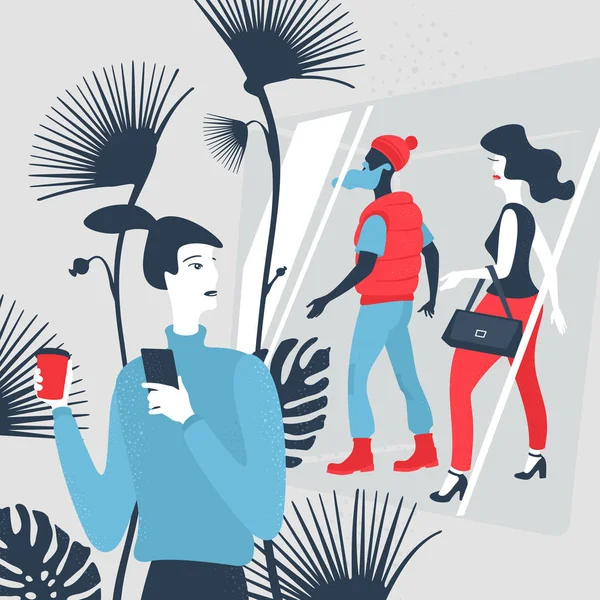 Homme avec smartphone dans le centre commercial — Image vectorielle