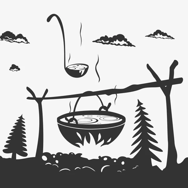 Cooking Food In A Pot On The Nature — Stock Vector