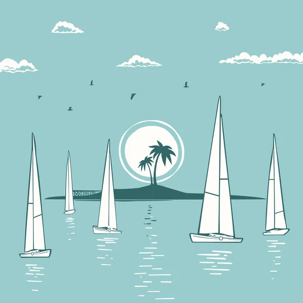 Sailboats and Tropical Island Landscape — Stock Vector
