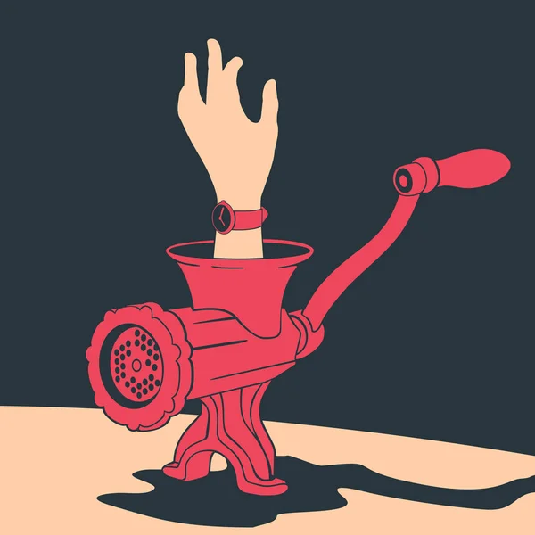 Main d'un homme dans une broyeuse à viande — Image vectorielle
