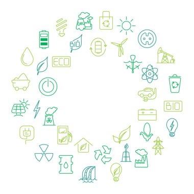Çizgi stili vektör çizim yenilenebilir kaynaklar. Yeşil enerji sembolleri - güneş paneli, Rüzgar enerjisi, sizin metin için yer ile Eko ev. arka plan üzerinde izole alternatif enerji kavramı.