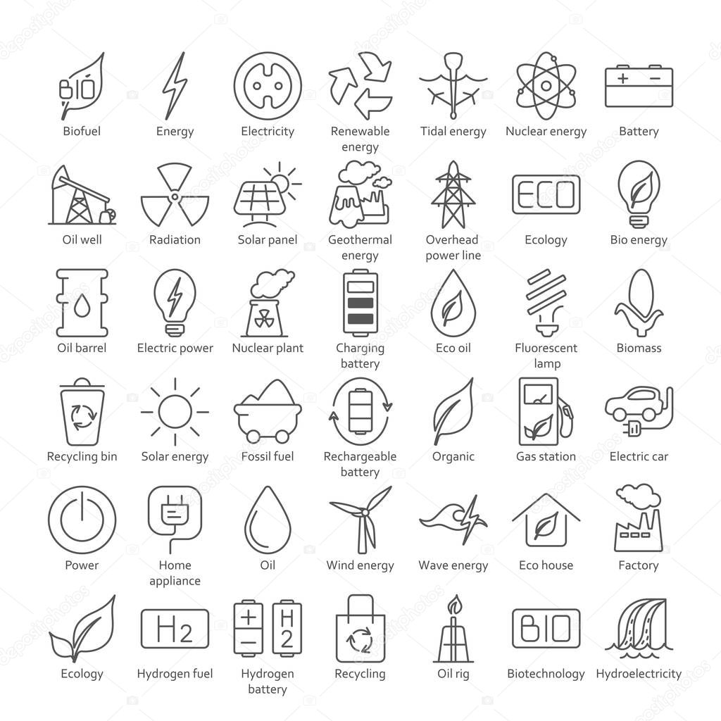 Collection of linear style vector icons  on the theme of electric power. Renewable and non-renewable resources
