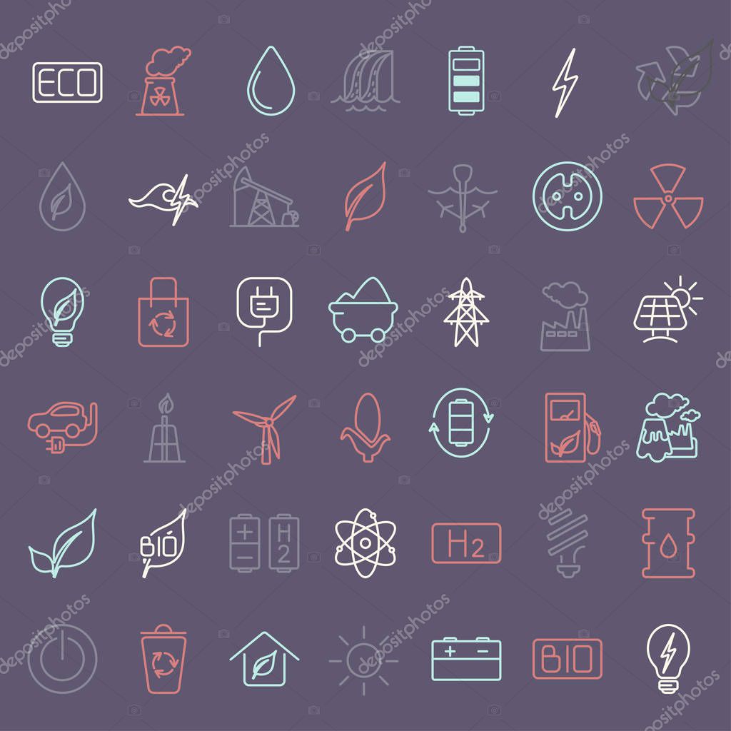 Collection of linear style vector icons  on the theme of electric power. Renewable and non-renewable resources