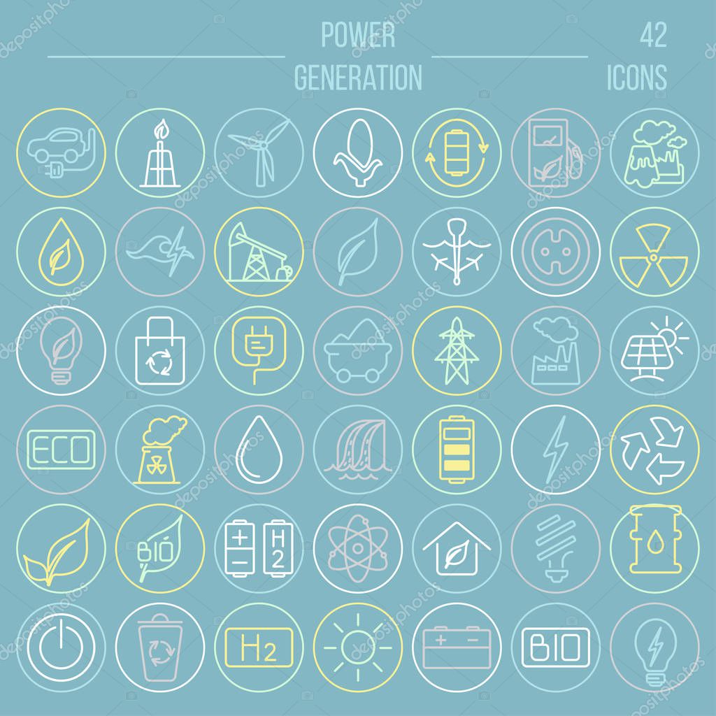 Line icons with power generation and accumulation  symbols