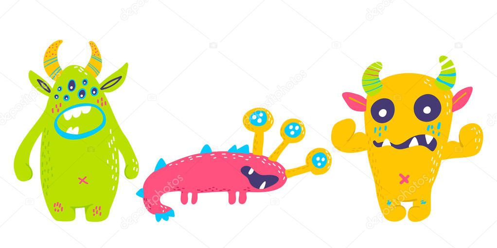 Cute cartoon monsters collection. Vector set of flat isolated monsters. Good design for illustration, poster, print, t-shirt, party decoration, logo, emblem or sticker.