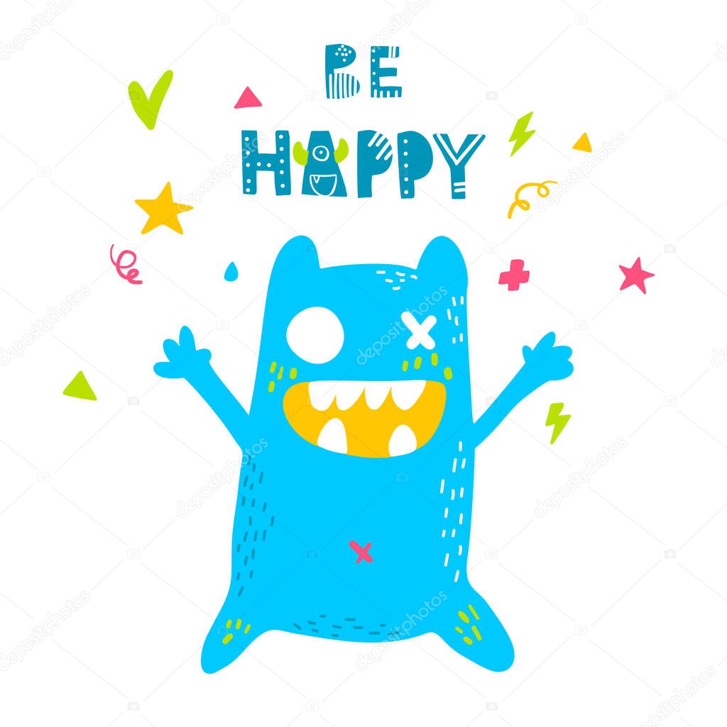 Cute cartoon monster. Vector isolated monster. Good design for illustration, poster, print, t-shirt, party decoration, logo, emblem or sticker.
