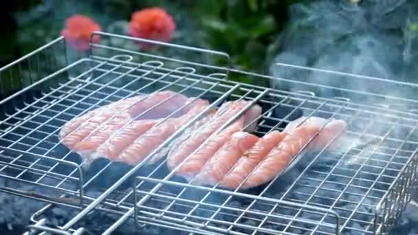 Pescado rojo salmón en una parrilla. Asar filetes de trucha. Cocinar pescado asado en el fuego abierto. Barbacoa, exterior — Vídeo de stock