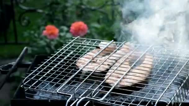 Peixe vermelho de salmão em uma grelha. A grelhar bifes de truta. Cozinhar peixe assado na fogueira. Churrasco, lá fora — Vídeo de Stock