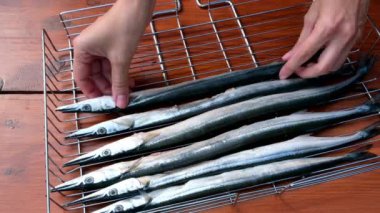  Çelenk. Erkeklerin eli barbeküdeki balık kafesini çeviriyor. Köyün yaşam tarzı. Izgaradaki Belone Belone. Izgara. Açık ateşte kızartılmış balık pişirmek. Barbekü, dışarıda. 