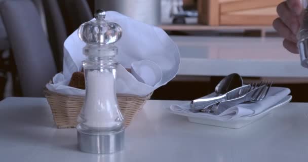 Male Hand Taking Salt Pepper Table Restaurant Serving Cafe — ストック動画