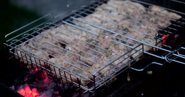 鸡肉在烤肉架上煎 准备和烤鸡肉 热腾腾的烤肉烤肉上的鸡肉味和腌制鸡肉 烤和煎新鲜 — 图库视频影像