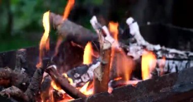 Dışarıda, yaz aylarında barbekü pişirmeye hazırlık. Yemek, ısı ve barbekü konsepti. Brazier'de yanan odunlar. Parlak sarı ateşte metal brazier yanan ahşap