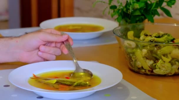 Ryba Gotująca Zupę Warzywami Gorącym Garnku Zdrowa Żywność Marchewką Pieprzem — Wideo stockowe