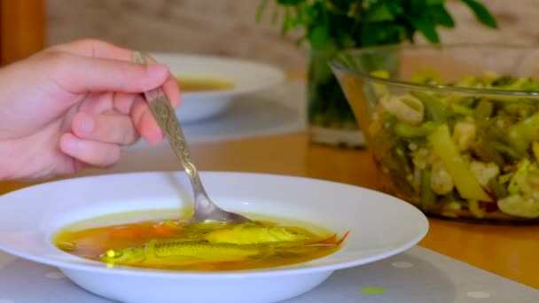 Vis kokende soep met groenten. Gezond voedsel met wortel, peper, kruiden en aardappelen — Stockvideo
