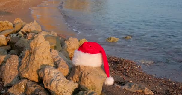 Boże Narodzenie Santa Claus Kapelusz Tropikalnej Piaszczystej Plaży Spokojnych Fal — Wideo stockowe