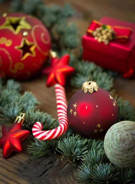Año Nuevo Decoraciones Navidad Sobre Fondo Madera — Foto de Stock