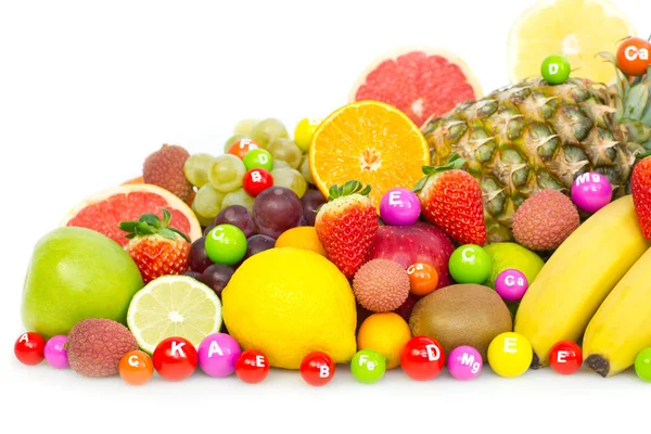 Vista Vicino Frutti Freschi Sani Disposti Sfondo Bianco Concetto Alimentazione — Foto Stock