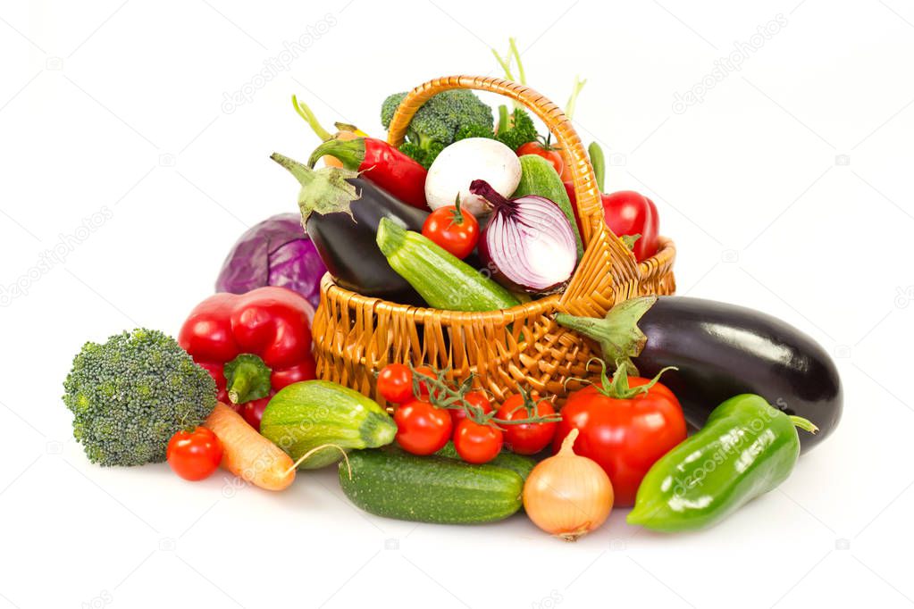 close up view of fresh ripe vegetables arranged on white background