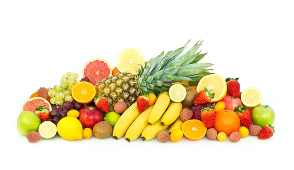 Vista Cerca Frutas Frescas Saludables Dispuestas Sobre Fondo Blanco Concepto — Foto de Stock