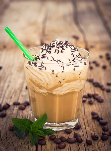 Close View Tasty Ice Coffee Drink Glass Wood Surface — Stok Foto