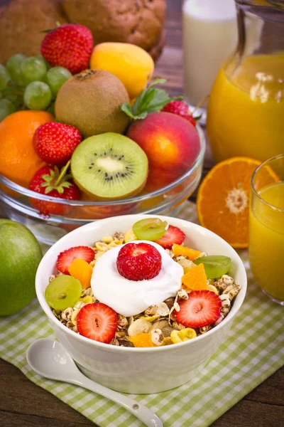 Vista Perto Café Manhã Saudável Com Frutas Frescas — Fotografia de Stock