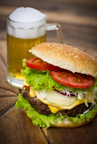 Close View Burger Wooden Table — Stock Photo, Image