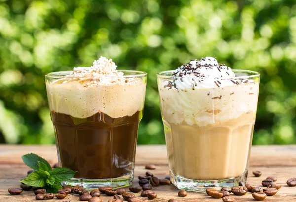 Close View Delicious Ice Coffee Drinks Glasses — Stok Foto