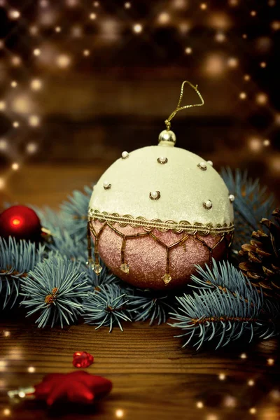 Año Nuevo Decoraciones Navidad Sobre Fondo Madera — Foto de Stock
