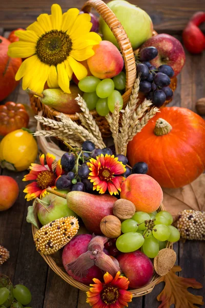 Close View Autumn Harvest Wooden Table Stock Image