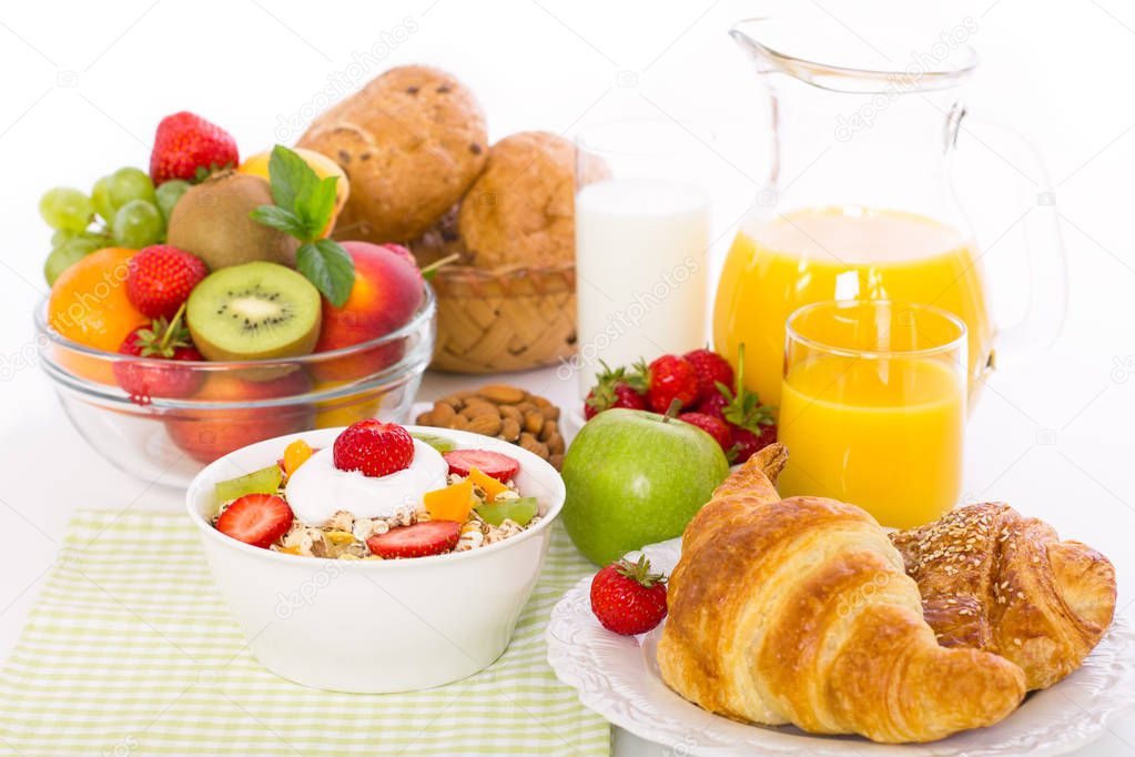 close up view of healthy breakfast with fresh fruits
