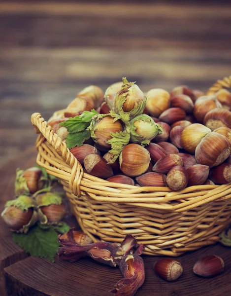 Close View Chestnuts Basket Wooden Background — Stock Photo, Image