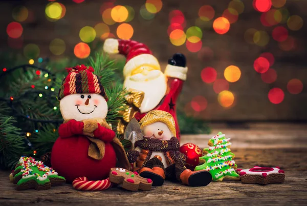 Decoraciones Festivas Vacaciones Invierno Galletas Horneadas Mesa Madera — Foto de Stock